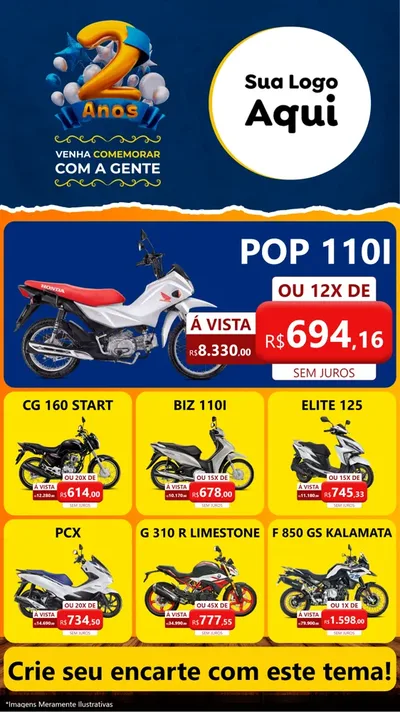 Modelo de Rede Social para Stories com o tema Aniversário de 2 anos para Concessionaria de Motos