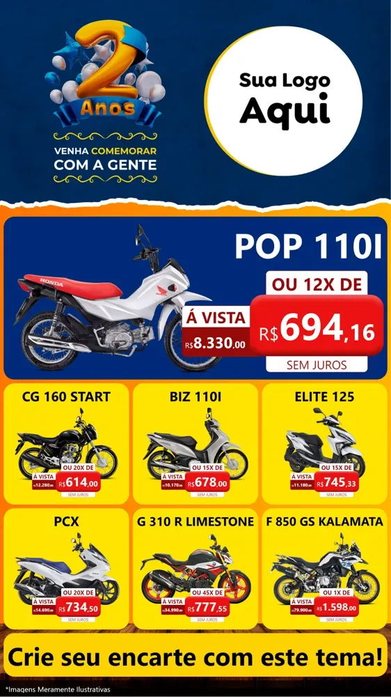Modelo de Rede Social para Stories com o tema Aniversário de 2 anos para Concessionaria de Motos