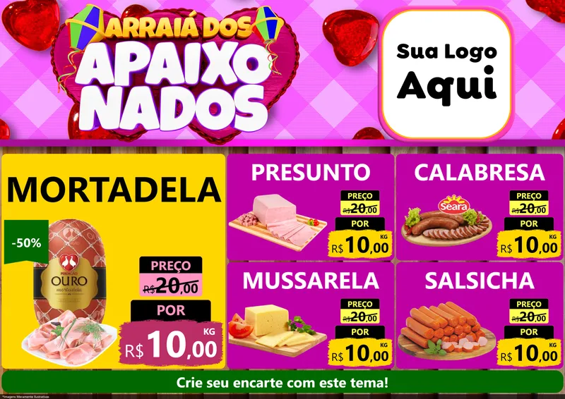 Modelo de Encarte para Encarte A4 Horizontal com o tema Arraiá dos Apaixonados para Frios e Laticínios