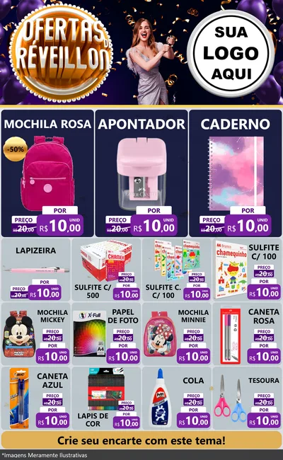 Modelo de Encarte para Encarte Grande com o tema Ofertas de Réveillon para Papelaria