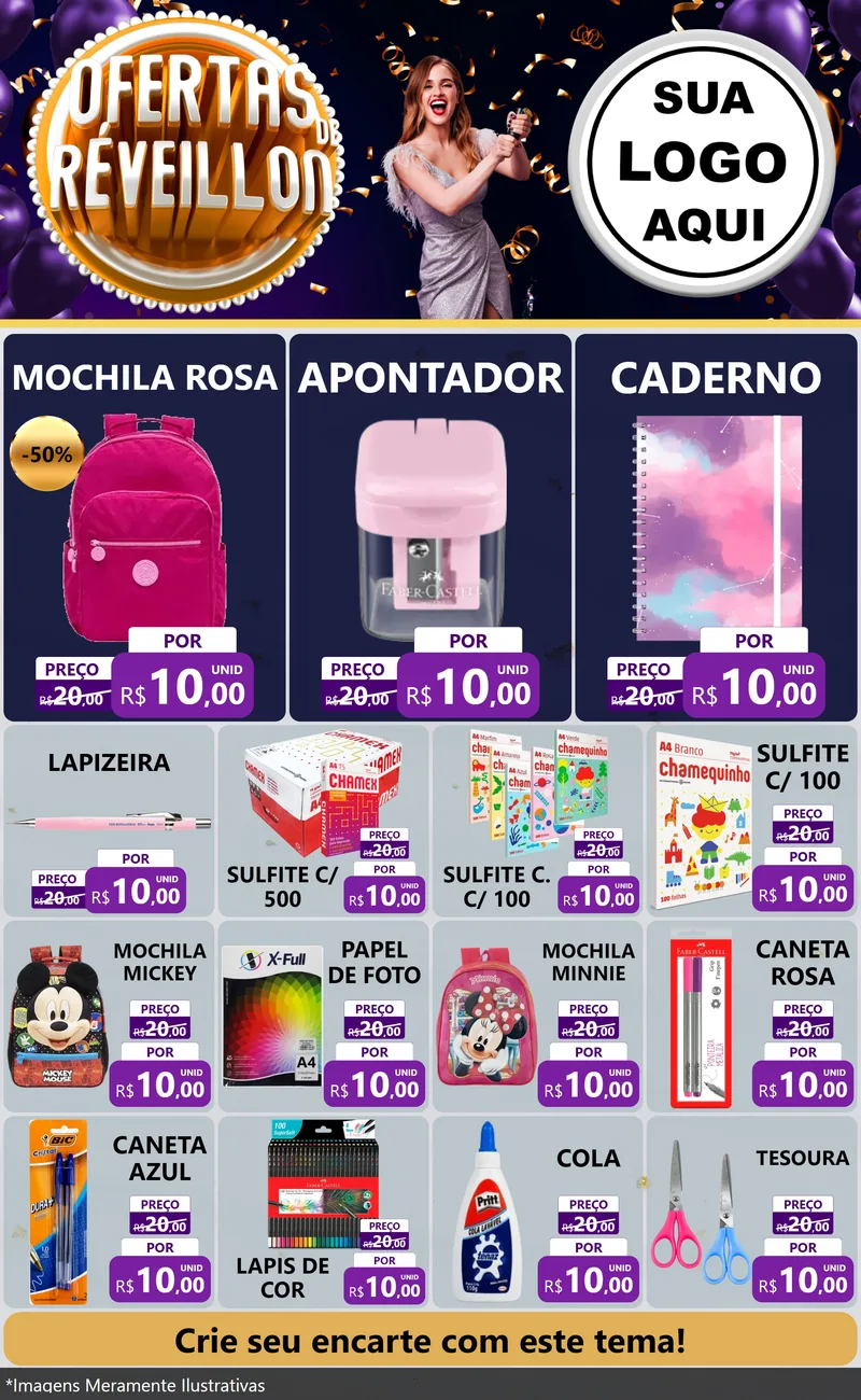 Modelo de Encarte para Encarte Grande com o tema Ofertas de Réveillon para Papelaria