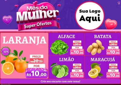 Modelo de Encarte para Encarte A4 Horizontal com o tema Mês da Mulher - Super Ofertas para Hortifrúti
