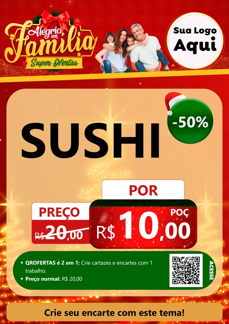 Modelo de Cartaz para Cartaz A4 Vertical com o tema Alegria em Família Super Ofertas - Natal para Comida japonesa