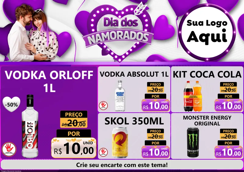 Modelo de Encarte para Encarte A4 Horizontal com o tema Dia dos Namorados para Distribuidora de bebidas