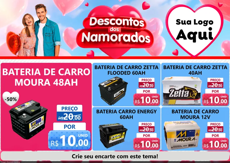 Modelo de Encarte para Encarte A4 Horizontal com o tema Descontos dos Namorados para Baterias Elétricas