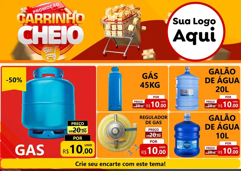 Modelo de Encarte para Encarte A4 Horizontal com o tema Promoção carrinho cheio para Água e gás