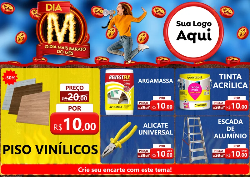Modelo de Encarte para Encarte A4 Horizontal com o tema Dia M - O Dia Mais Barato Do Mês para Material para Construção
