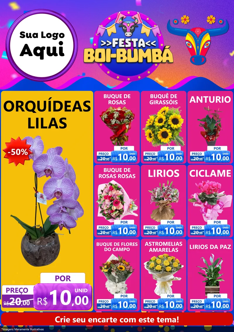 Modelo de Encarte para Encarte A4 Vertical com o tema Festa Boi-Bumbá para Floricultura e jardim