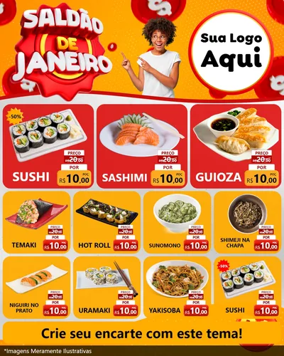 Modelo de Rede Social para Feed Instagram com o tema Saldão de Janeiro para Comida japonesa