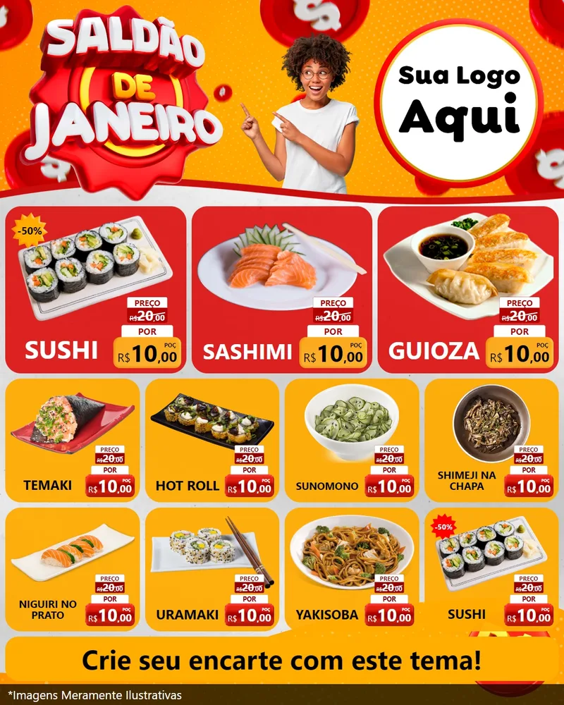 Modelo de Rede Social para Feed Instagram com o tema Saldão de Janeiro para Comida japonesa