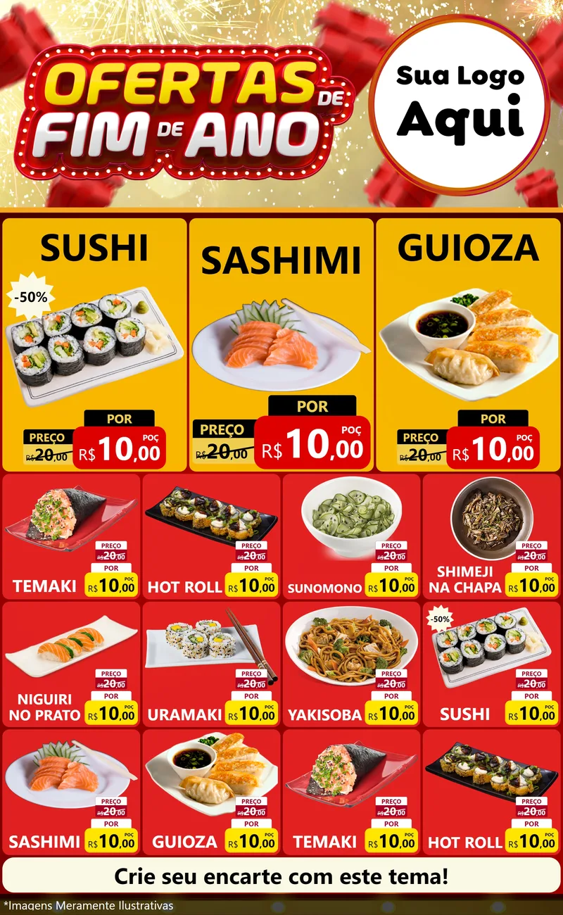 Modelo de Encarte para Encarte Grande com o tema Ofertas de Fim de Ano para Comida japonesa