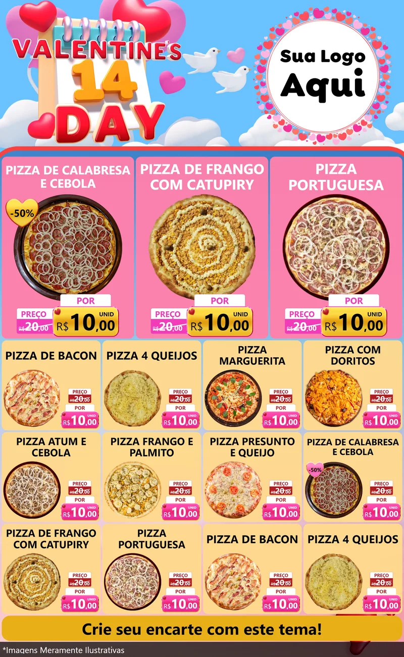 Modelo de Encarte para Encarte Grande com o tema Valentine's Day para Pizzaria