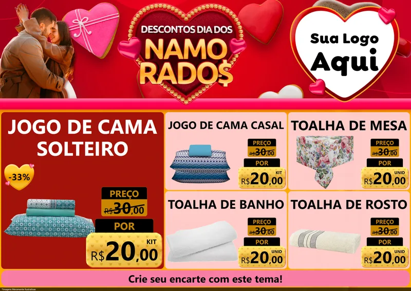 Modelo de Encarte para Encarte A4 Horizontal com o tema Descontos Dia dos Namorados para Cama, Mesa e Banho