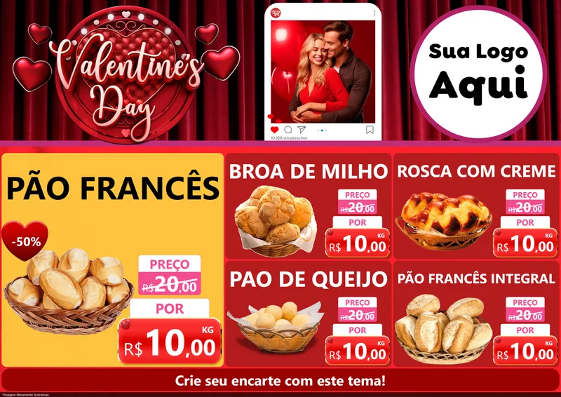 Modelo de Encarte para Encarte A4 Horizontal com o tema Valentine's Day para Padaria