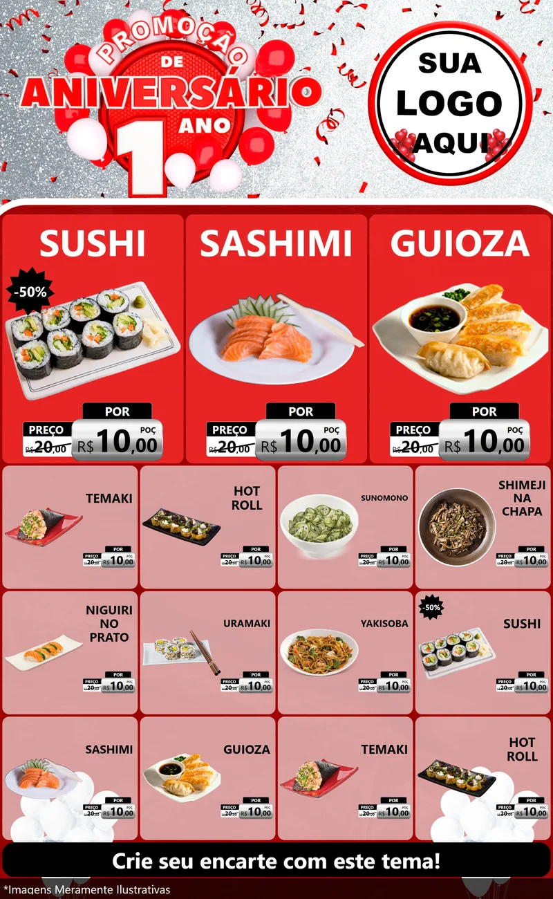 Modelo de Encarte para Encarte Grande com o tema Promoção de Aniversário - 1 Ano para Comida japonesa