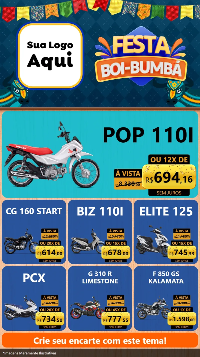 Modelo de Rede Social para Stories com o tema Festa Boi Bumbá para Concessionaria de Motos