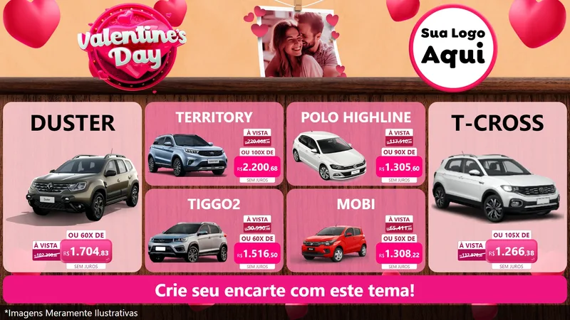 Modelo de TV para TV Horizontal com o tema Valentine's Day para Concessionaria de Carros