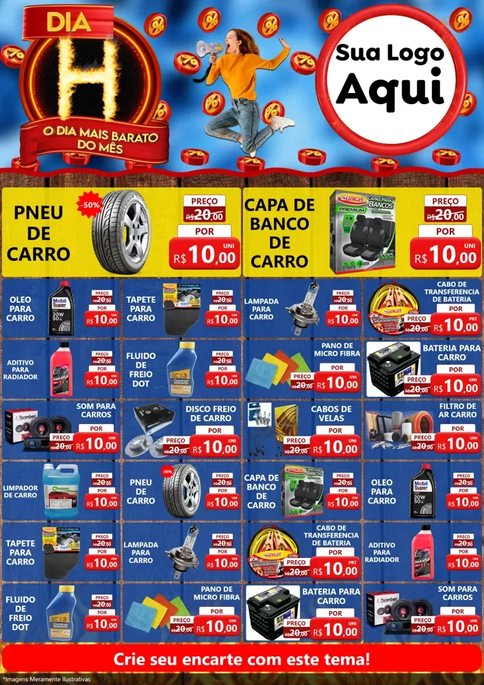 Modelo de Encarte para Encarte A4 Vertical com o tema Dia H - O Dia Mais Barato Do Mês para Auto peças