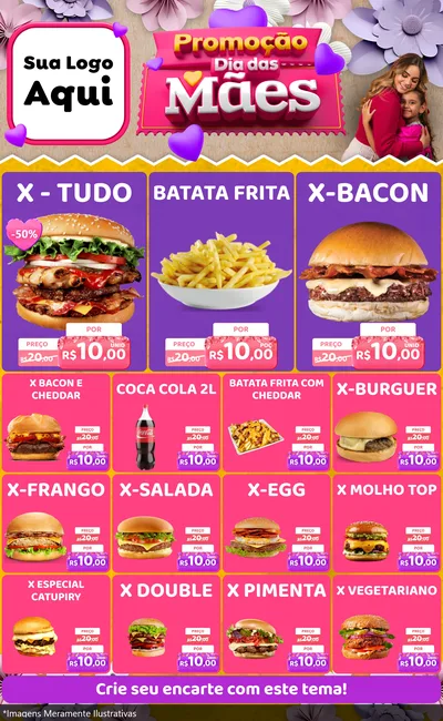 Modelo de Encarte para Encarte Grande com o tema Promoção Dia das Mães para Hamburgueria