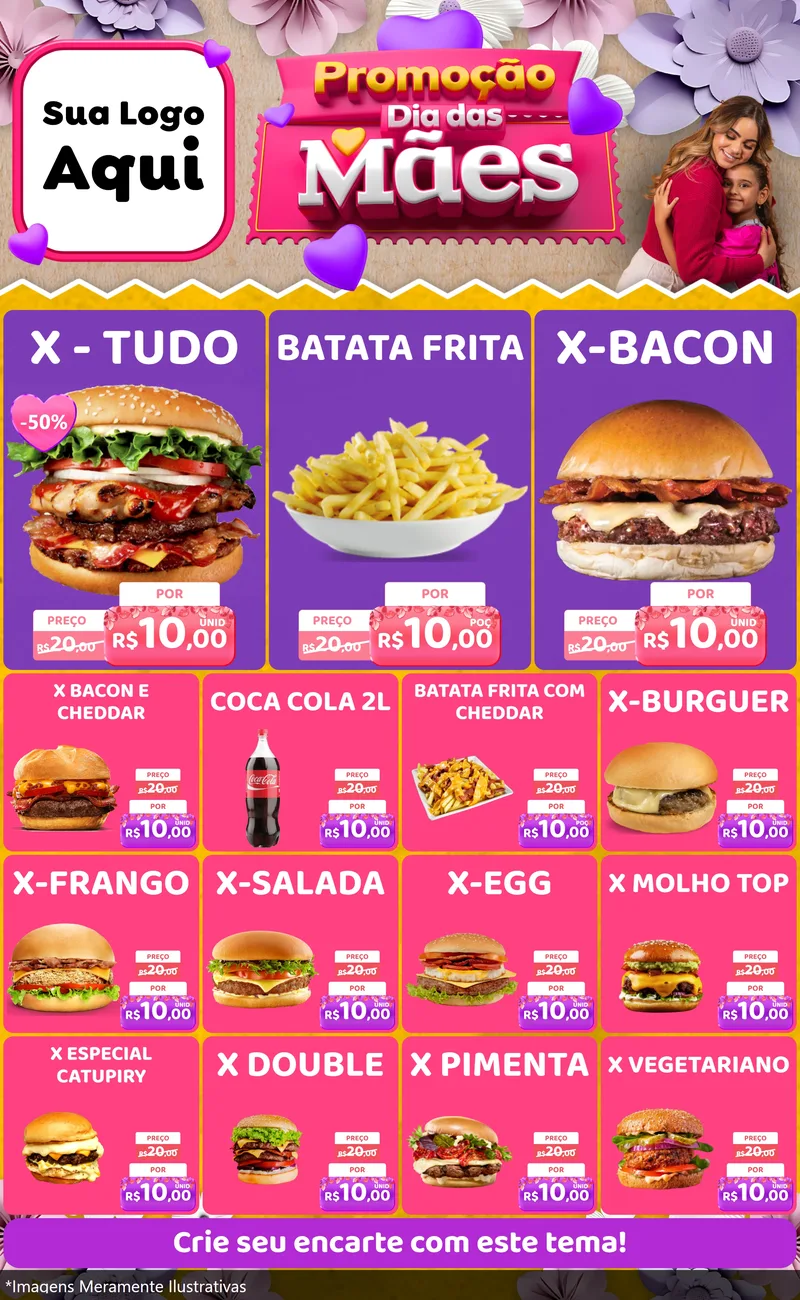 Modelo de Encarte para Encarte Grande com o tema Promoção Dia das Mães para Hamburgueria