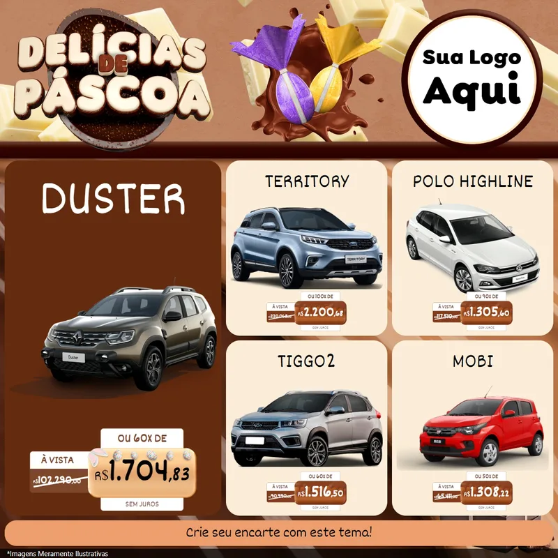 Modelo de Rede Social para Feed Facebook com o tema Delícias de Páscoa para Concessionaria de Carros