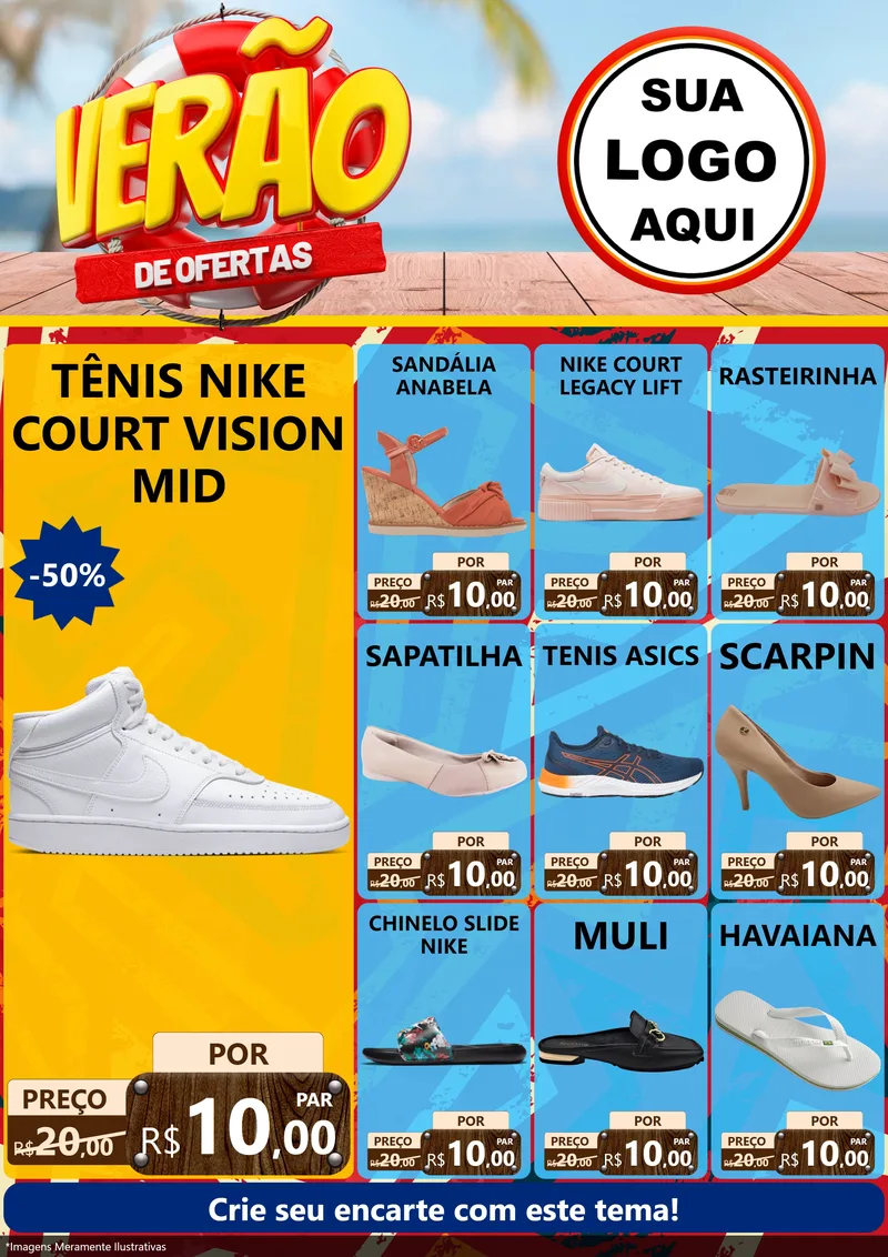 Modelo de Encarte para Encarte A4 Vertical com o tema Verão de Ofertas para Calçados