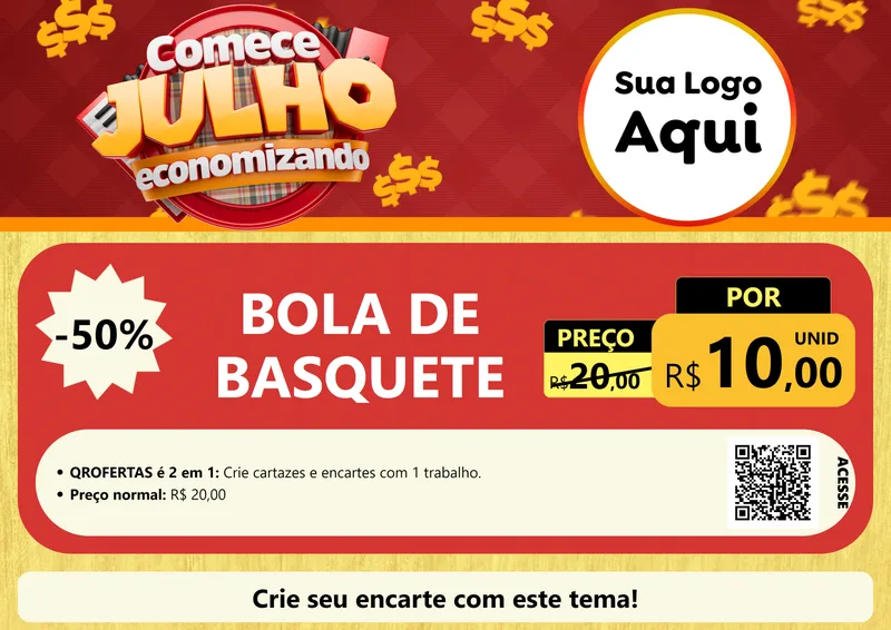 Modelo de Cartaz para Cartaz A4 Horizontal com o tema Comece Julho Economizando para Artigos Esportivos
