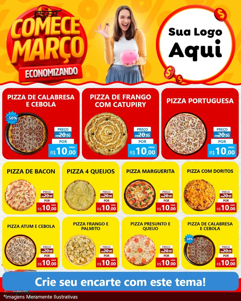 Modelo de Rede Social para Feed Instagram com o tema Comece Março Economizando para Pizzaria