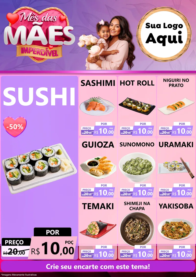 Modelo de Encarte para Encarte A4 Vertical com o tema Mês das Mães Imperdível para Comida japonesa