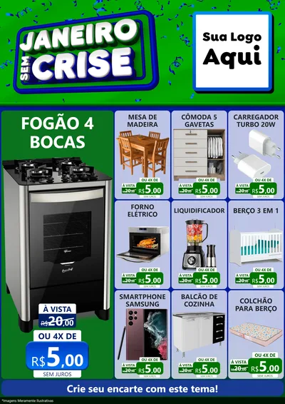 Modelo de Encarte para Encarte A4 Vertical com o tema Janeiro Sem Crise para Móveis e Eletro