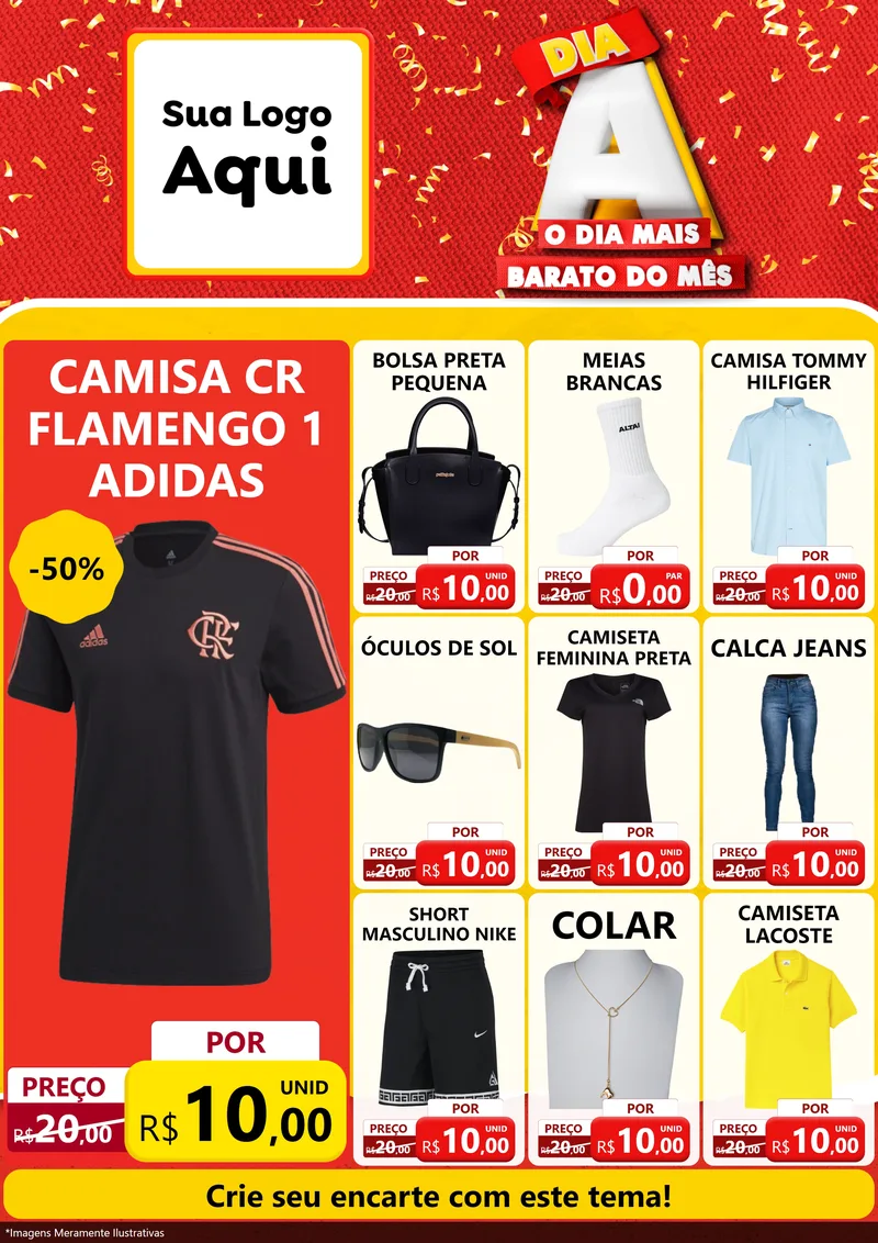 Modelo de Encarte para Encarte A4 Vertical com o tema Dia A o Dia Mais Barato do Mês para Roupas e acessórios