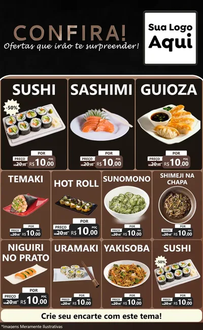 Modelo de Encarte para Encarte Grande com o tema Confira! Ofertas que irão te surpreender! para Comida japonesa