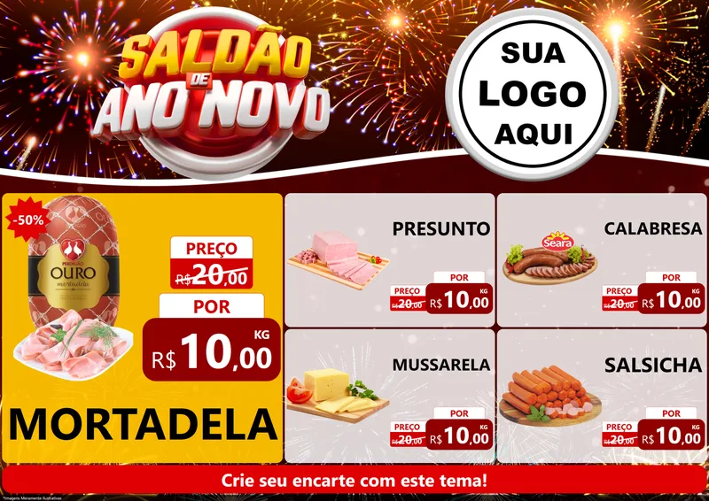 Modelo de Encarte para Encarte A4 Horizontal com o tema Saldão de Ano Novo para Frios e Laticínios