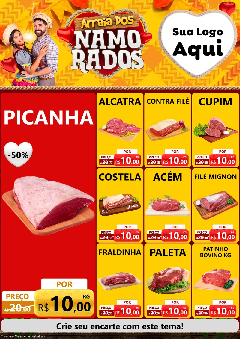 Modelo de Encarte para Encarte A4 Vertical com o tema Arraiá dos Namorados para Açougue