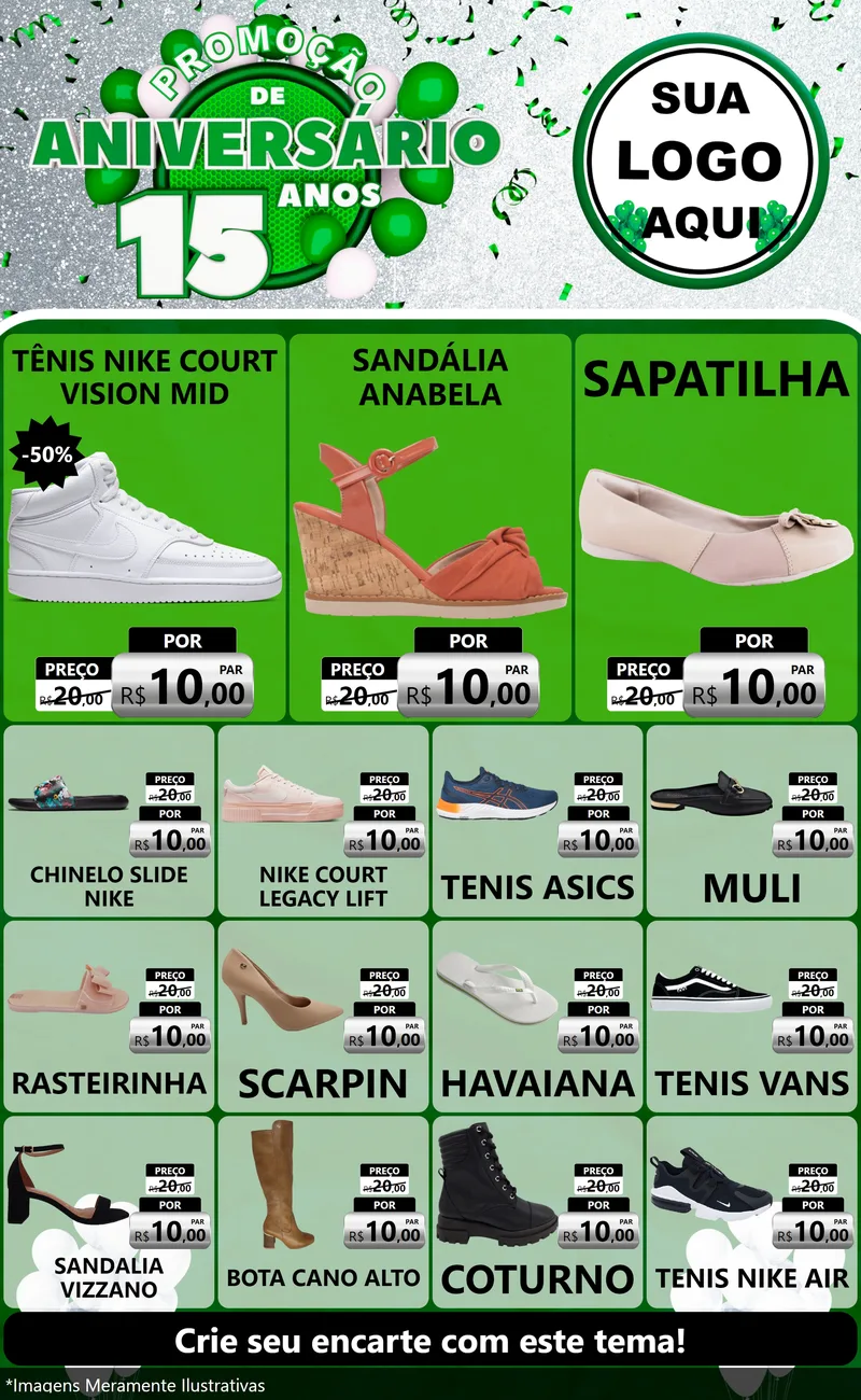 Modelo de Encarte para Encarte Grande com o tema Promoção de Aniversário - 15 Anos para Calçados