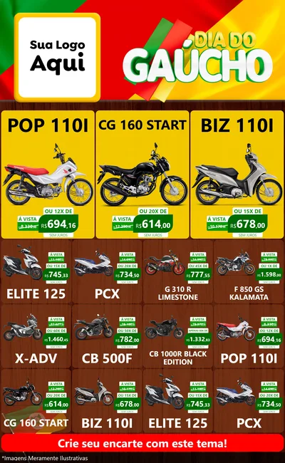 Modelo de Encarte para Encarte Grande com o tema Dia do Gaúcho para Concessionaria de Motos
