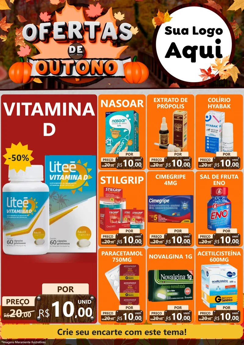 Modelo de Encarte para Encarte A4 Vertical com o tema Ofertas de Outono para Farmácia