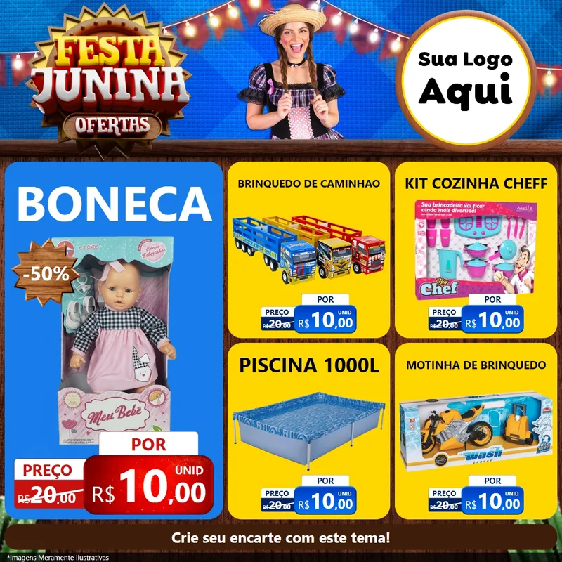 Modelo de Rede Social para Feed Facebook com o tema Festa Junina Ofertas para Brinquedos