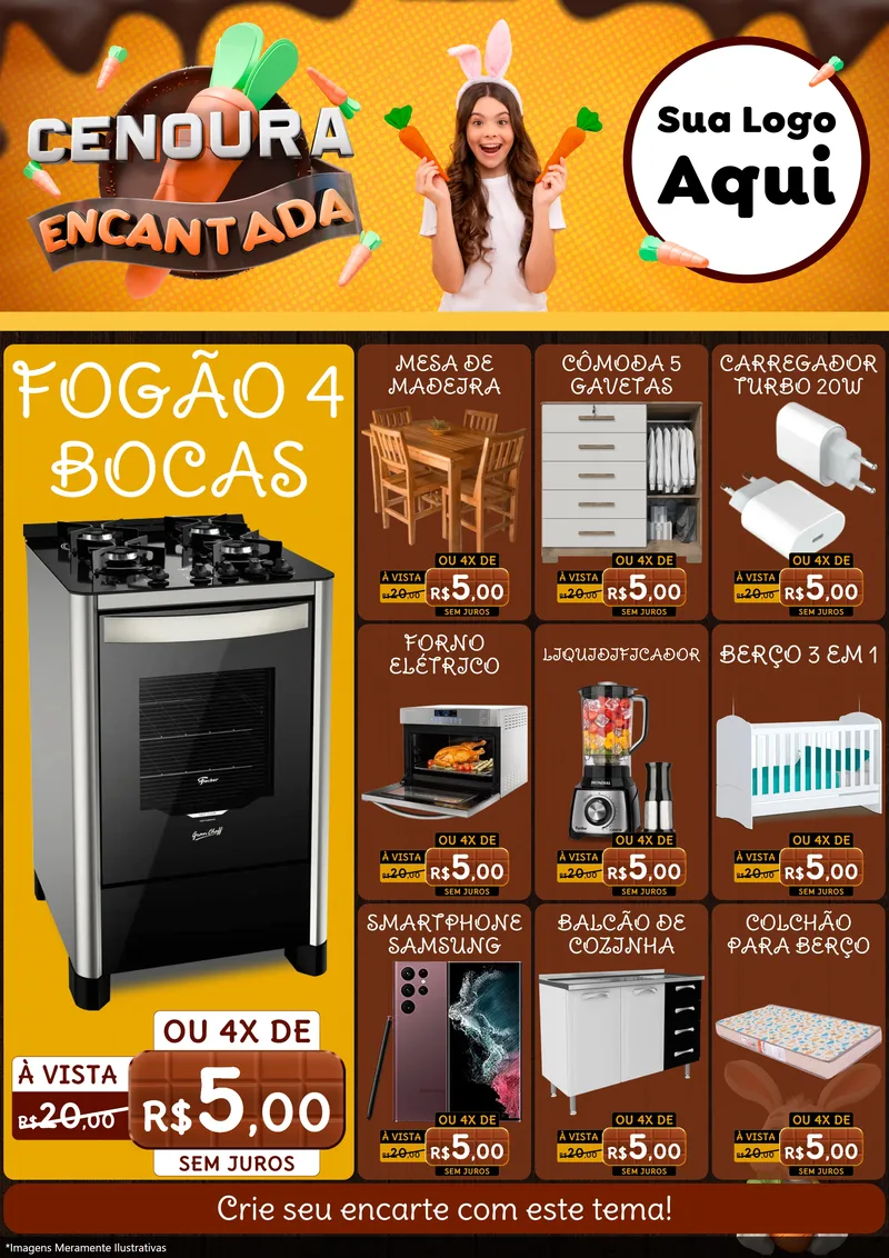 Modelo de Encarte para Encarte A4 Vertical com o tema Cenoura Encantada - Páscoa para Móveis e Eletro