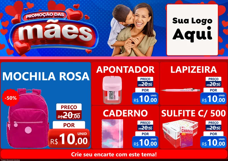 Modelo de Encarte para Encarte A4 Horizontal com o tema Promoção das Mães para Papelaria