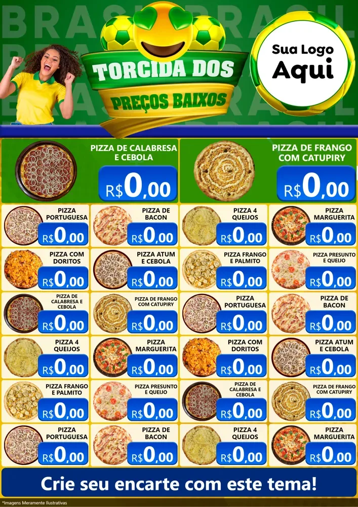 Modelo de Encarte para Encarte A4 Vertical com o tema Torcida dos Preços Baixos - Copa para Pizzaria