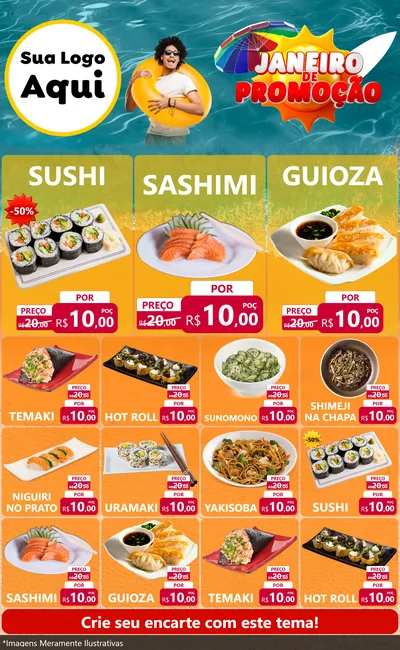 Modelo de Encarte para Encarte Grande com o tema Janeiro de Promoção para Comida japonesa