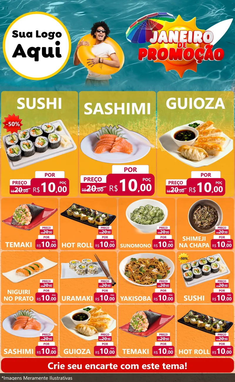 Modelo de Encarte para Encarte Grande com o tema Janeiro de Promoção para Comida japonesa