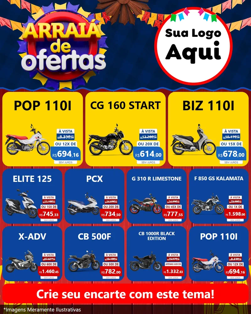 Modelo de Rede Social para Feed Instagram com o tema Arraiá de Ofertas para Concessionaria de Motos