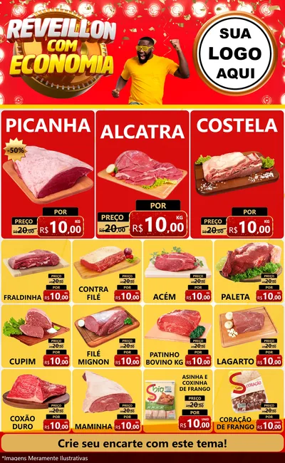 Modelo de Encarte para Encarte Grande com o tema Réveillon com Economia para Açougue