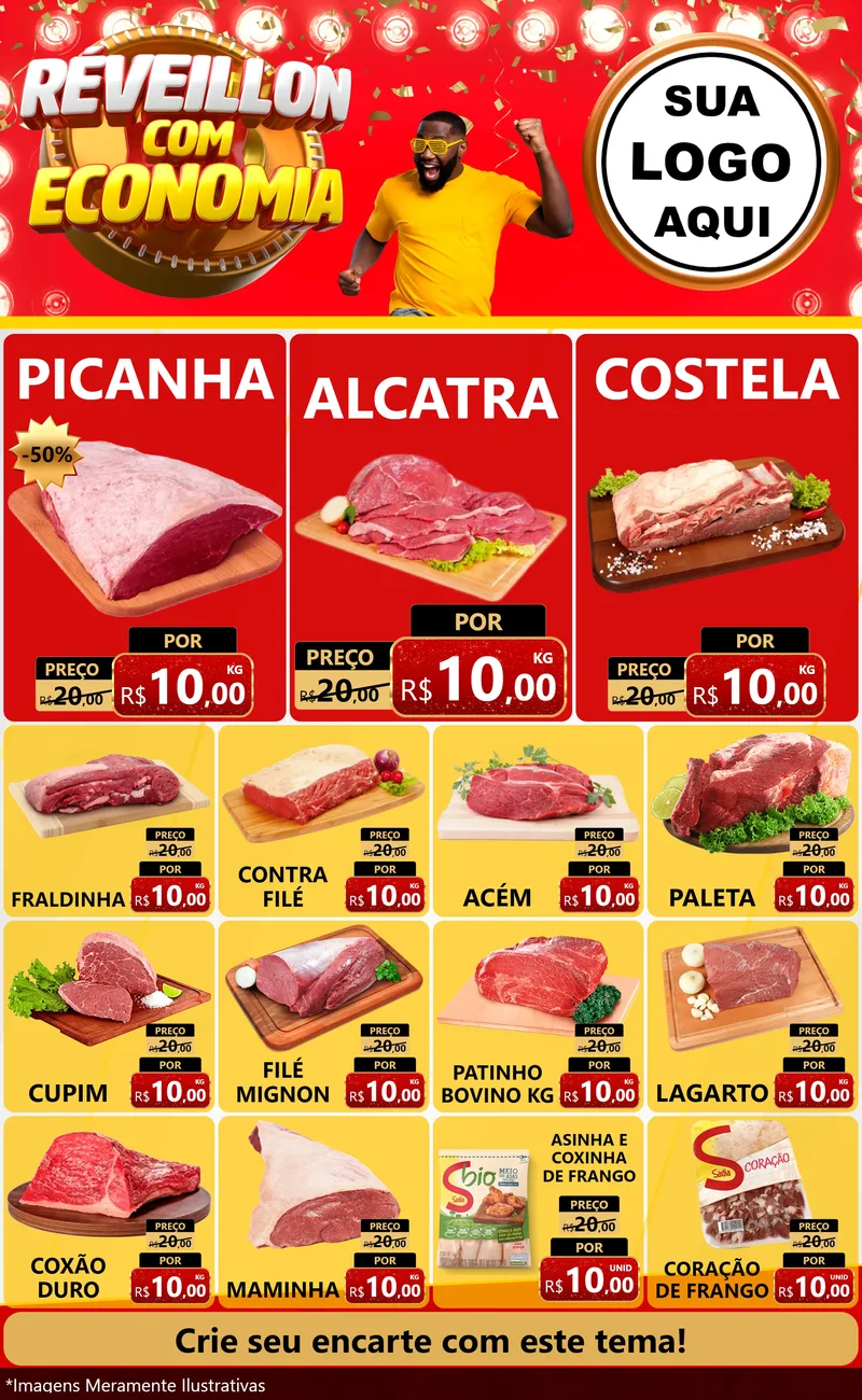 Modelo de Encarte para Encarte Grande com o tema Réveillon com Economia para Açougue