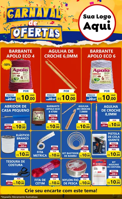 Modelo de Encarte para Encarte Grande com o tema Carnaval de Ofertas para Armarinho e Aviamentos
