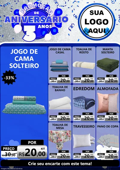 Modelo de Encarte para Encarte A4 Vertical com o tema Promoção de Aniversário - 3 Anos para Cama, Mesa e Banho
