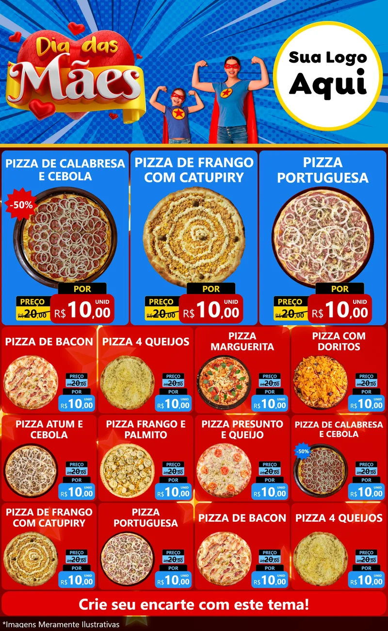Modelo de Encarte para Encarte Grande com o tema Dia das Mães para Pizzaria