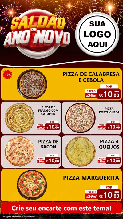 Modelo de TV para TV Vertical com o tema Saldão de Ano Novo para Pizzaria